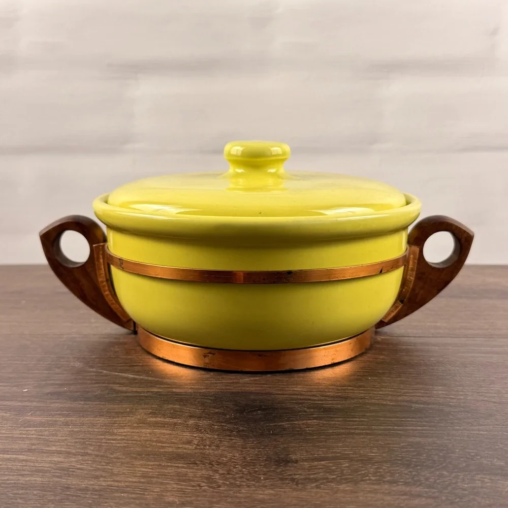 Bauer Pottery Chartreuse Casserole Lid Copper Wood Stand California